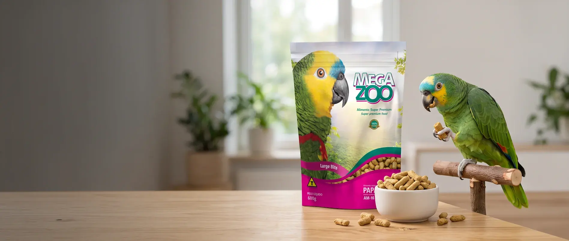 Embalagem Megazoo para papagaios ao lado de um papagaio-verdadeiro comendo um pellet, com uma tigela da ração