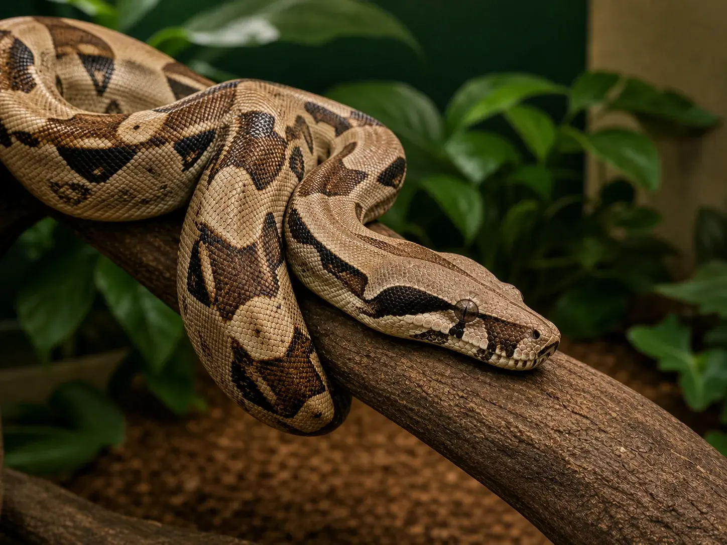 Serpente em recinto naturalizado, representando a categoria Répteis e Anfíbios