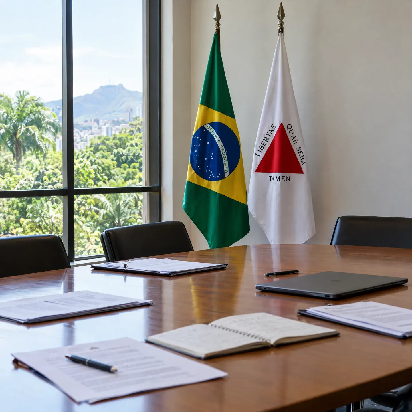 Ilustração de uma sala de reunião vazia, com documentos sobre a mesa e as bandeiras do Brasil e de Minas Gerais ao fundo.