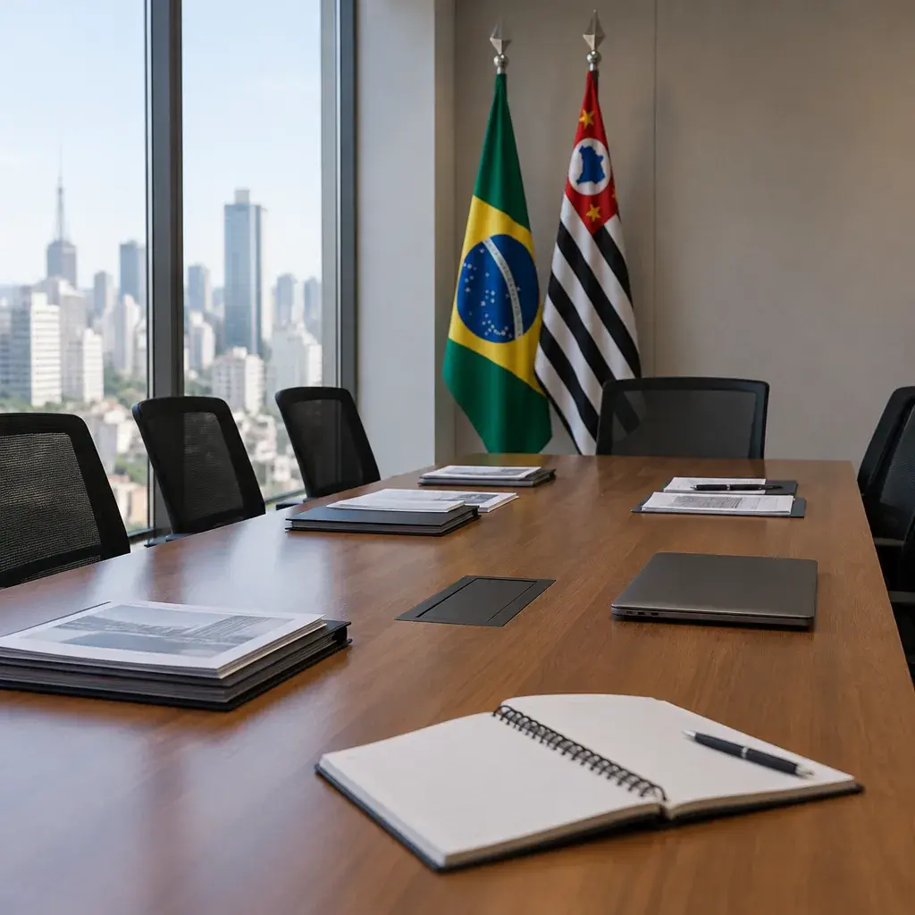 Ilustração de uma sala de reunião vazia, com documentos sobre a mesa, as bandeiras do Brasil e de São Paulo e a cidade ao fundo.